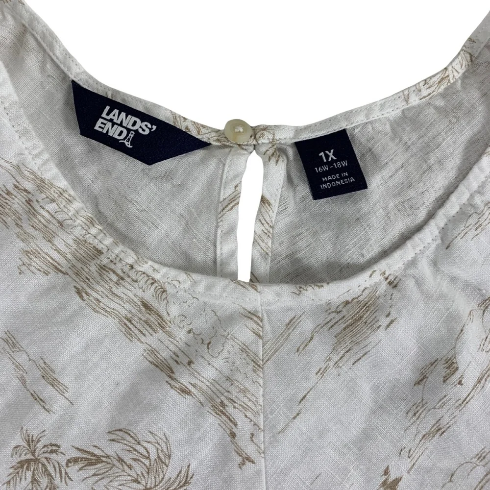 Lands End 100% Linen Toile Print Tank Top Womens 1X Minimalist Vacation